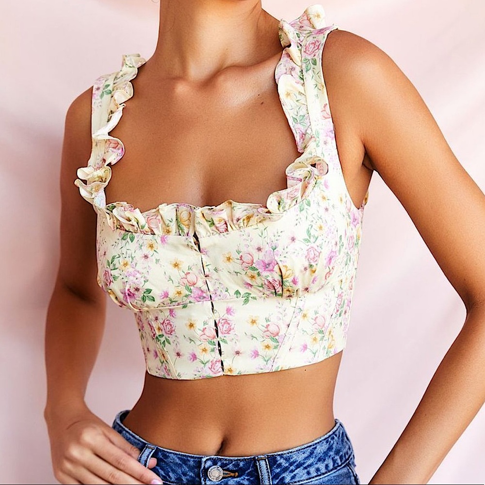 HOUSE OF CB LEMON FLORAL REMY CROP TOP S